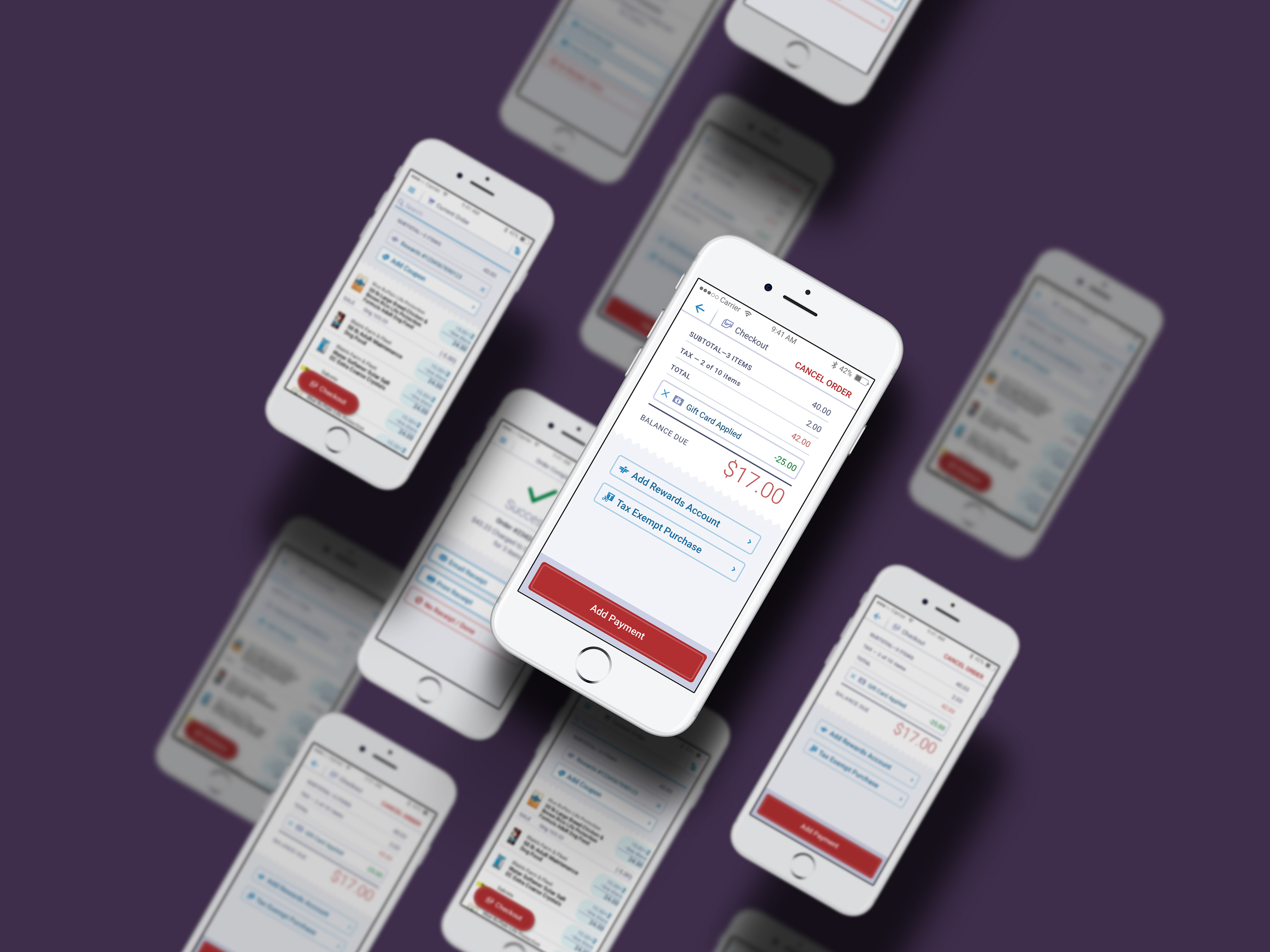 mobile devices floating with the front one in focus showing an order screen 
