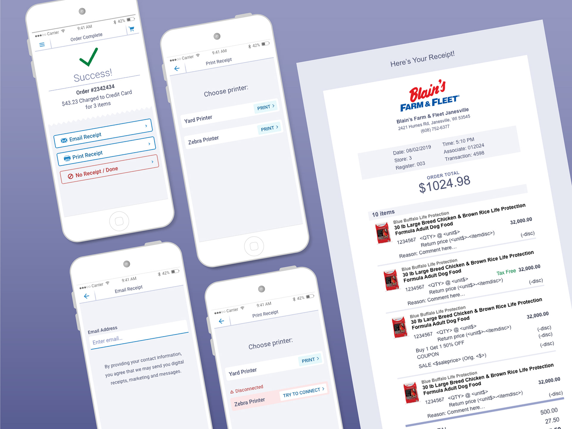 multiple mobile devices showing receipt printing options and an email receipt