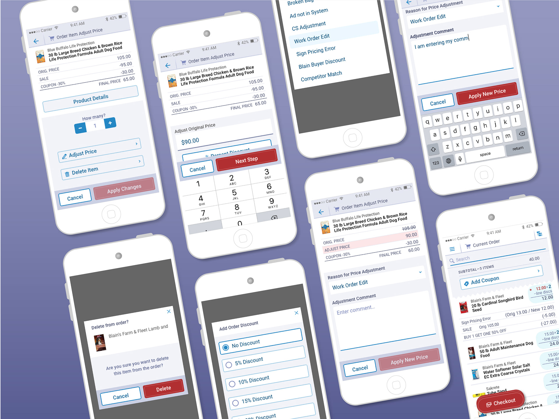 many mobile devices showing various steps and options to edit items in the order