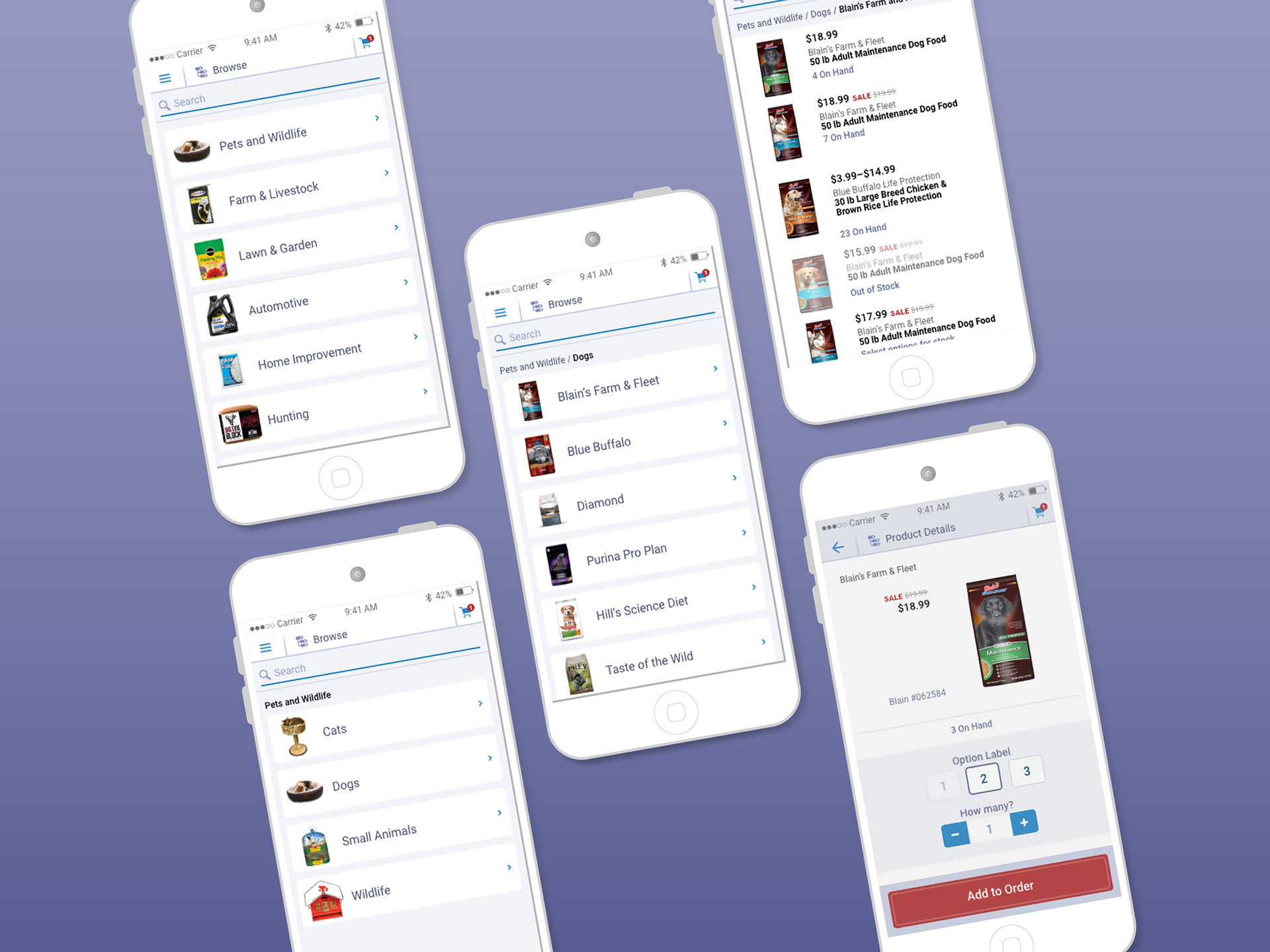 five mobile device screens showing product category interface elements