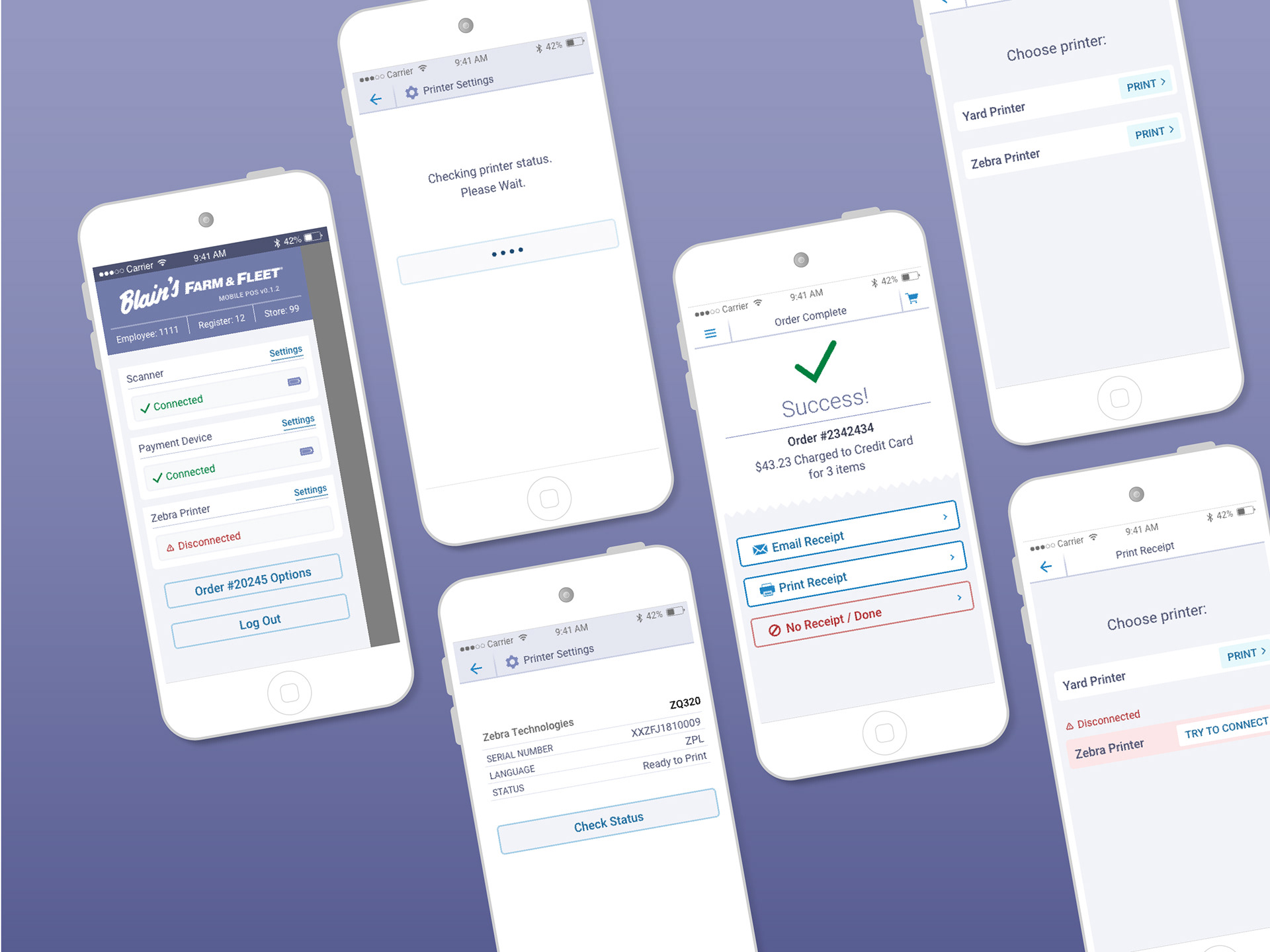 six mobile devices showing the app drawer and printer settings screens