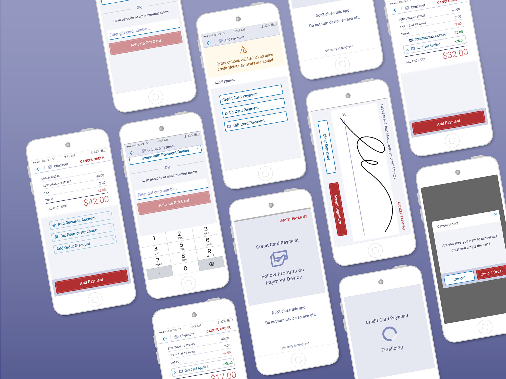 many mobile devices showing the steps and options in the app checkout