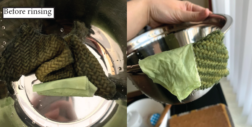 At the 30min. mark the fibers had already turned green, which were the results I was looking for! The wool yarn did not get an unevenness of color possibly because it didn’t have enough water for it to flow freely.