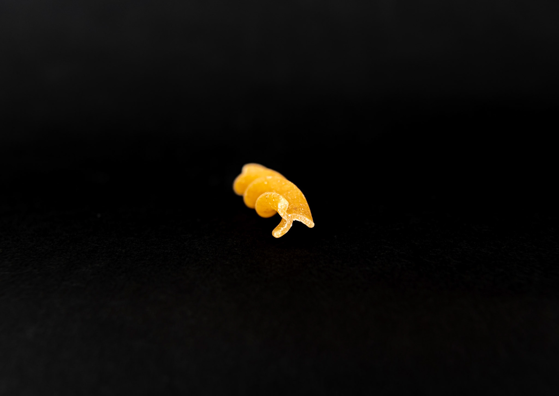 Spiral piece of pasta end on against a black background