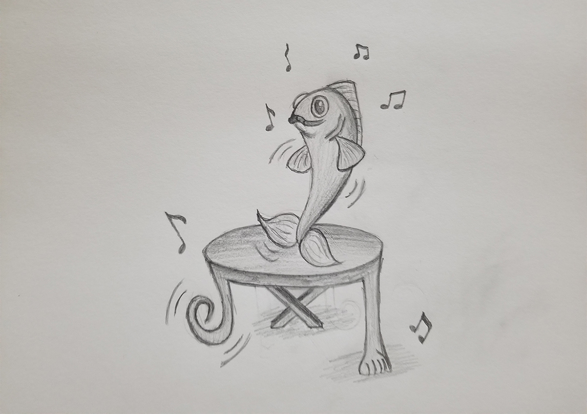 Pencil sketch of Dancing Fish and Table