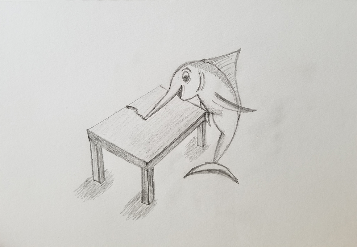 Pencil sketch of a Swordfish sawing through the middle of a table