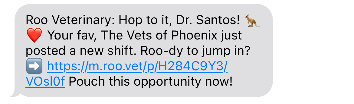 Roo Veterinary: SMS Text campaign for a favorited animal hospital alert