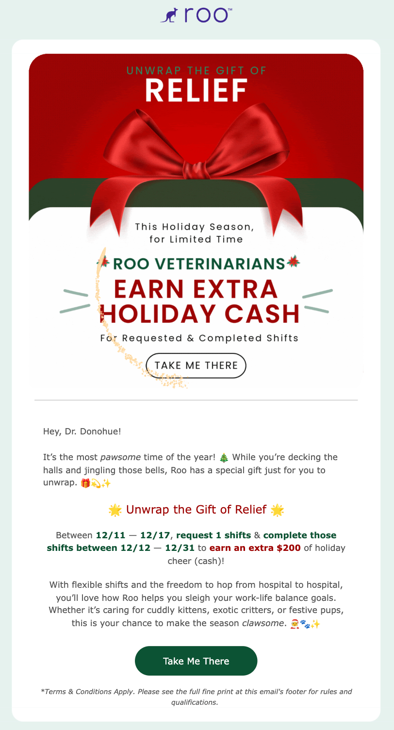 Roo Veterinary: Unwrap the Gift of Relief; Email Campaign