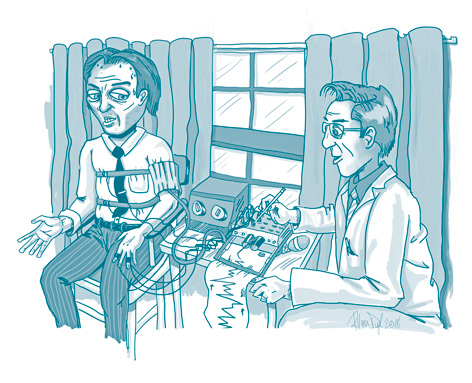 drawing of a criminal taking a lie detector test