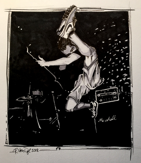 drawing of a rock guitarist and drummer black and white