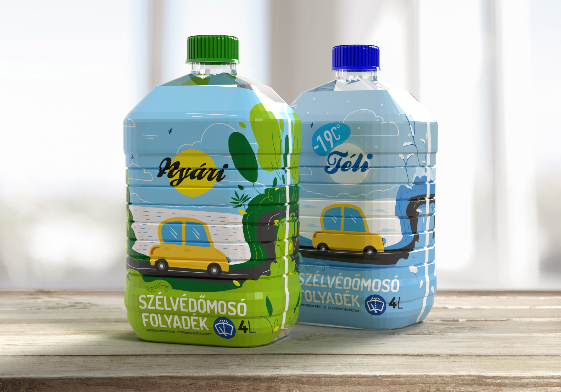 Téli és nyári szélvédőmosó folyadékok.