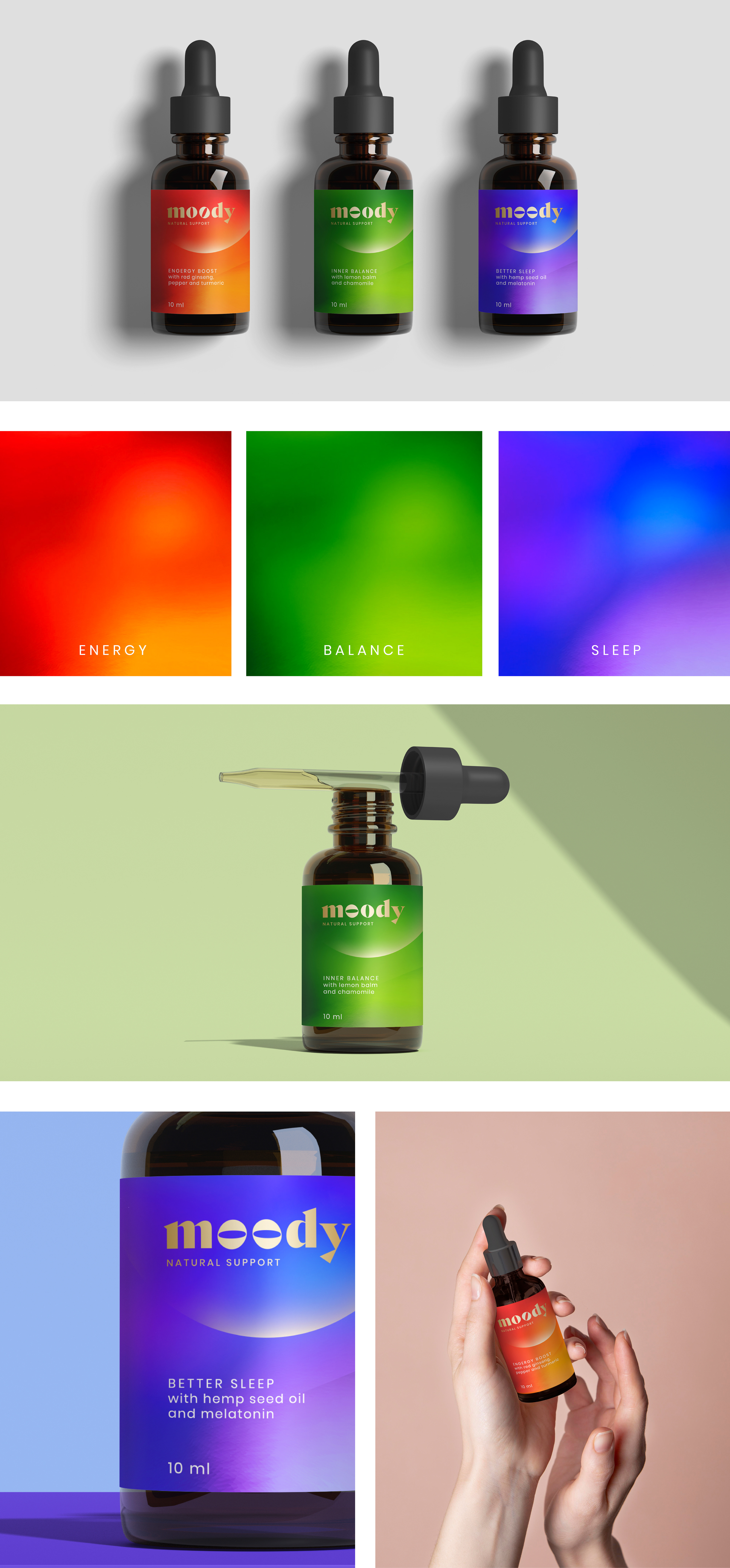 Übersicht Verpackungs- und Branddesign des kreativen Konzeptes für natürliche Nahrungsergängzungsmittel