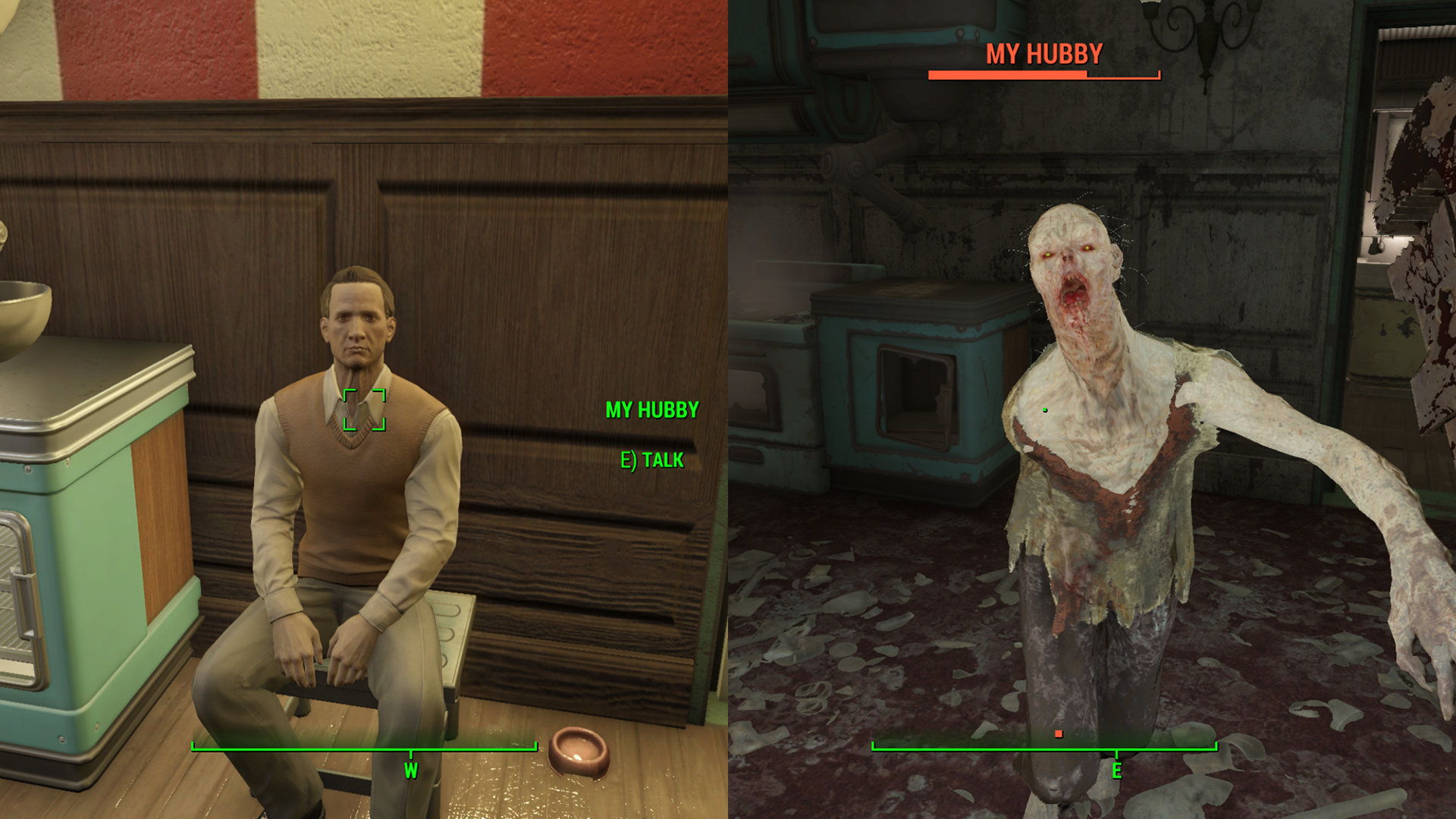 Divided picture of a man and a ghoul who represent the same character