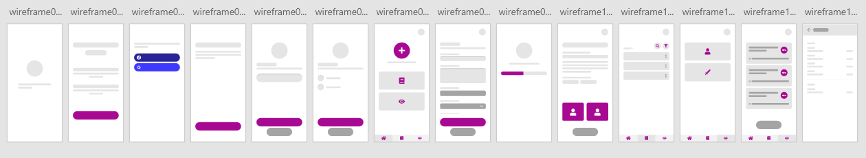 Series of wireframes for the app