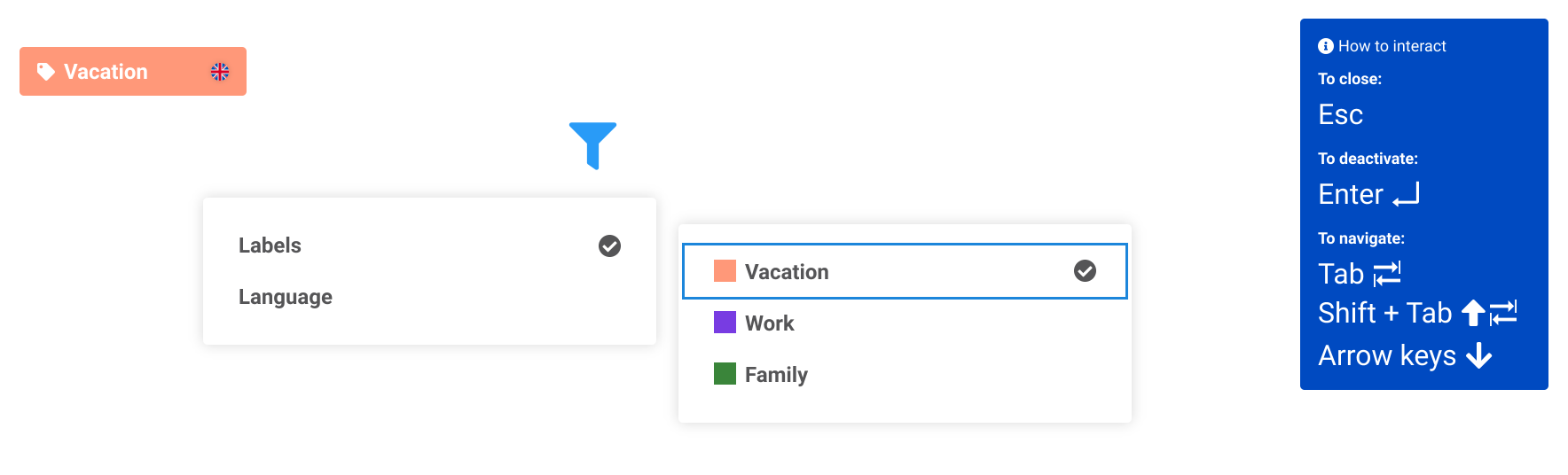 Prototype screenshot where the user has activated a filter in a sub-level dropdown