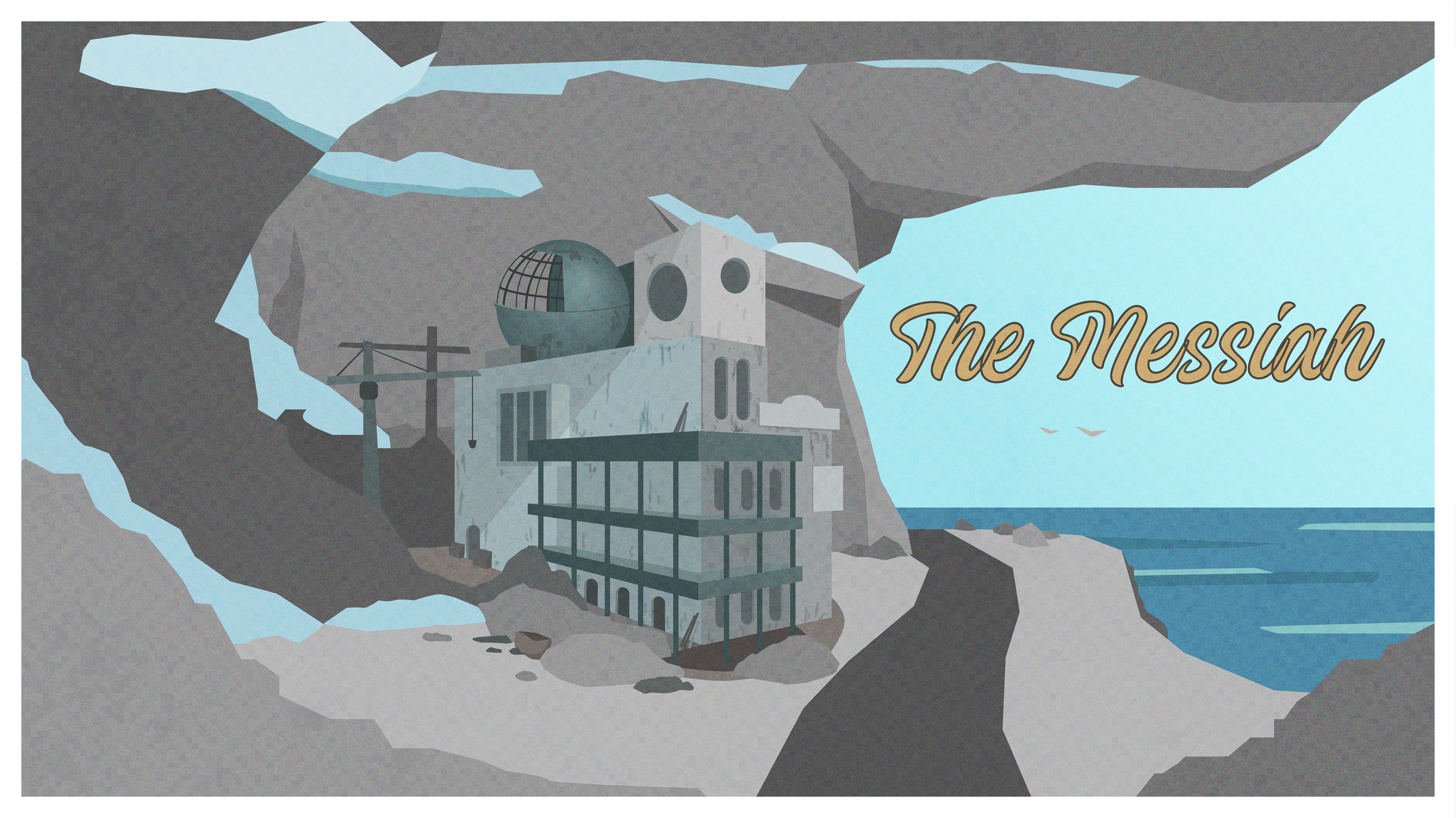 A postcard style image of an abandoned construction site for a mall and the title "The Messiah"