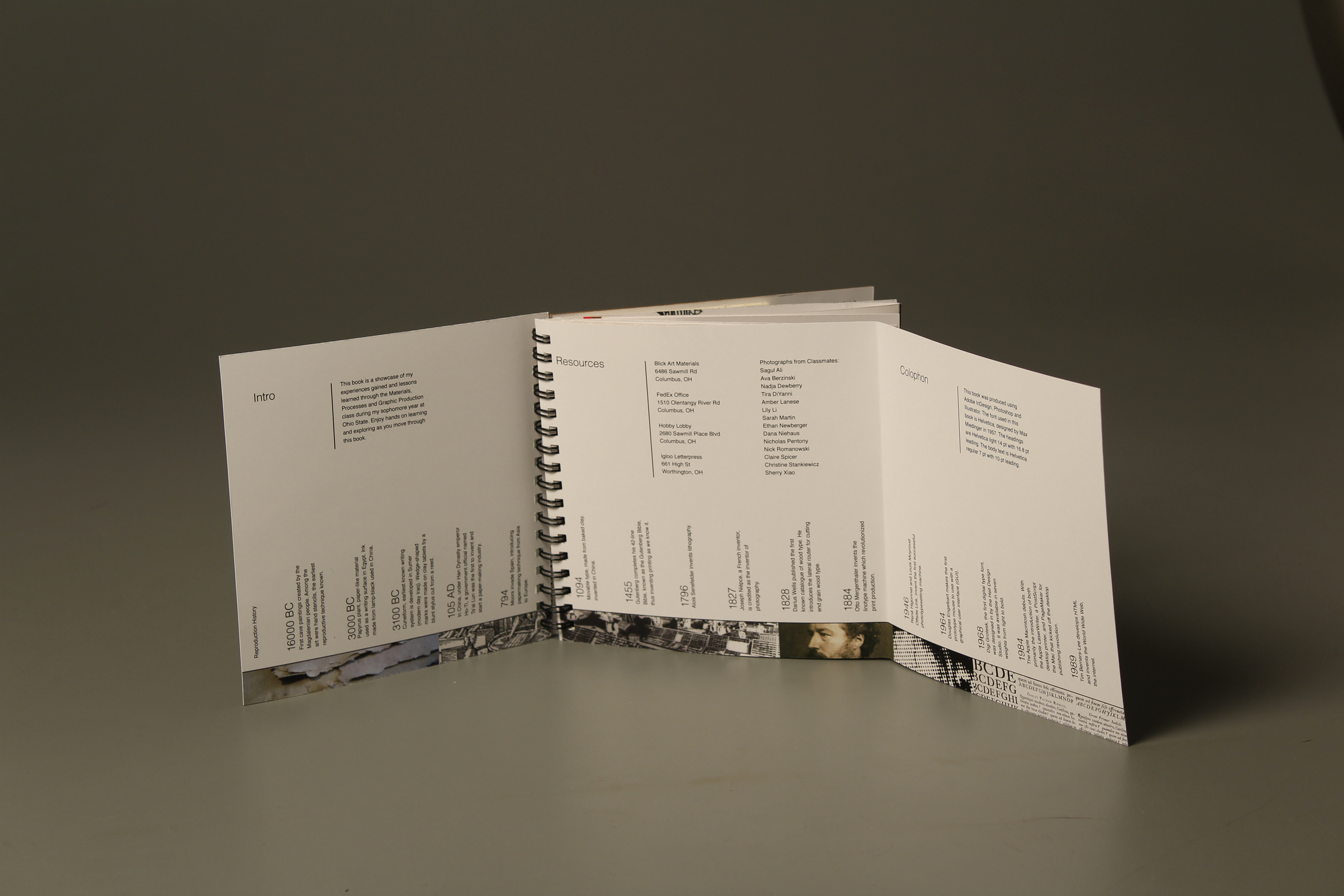 Contents page folds open to reveal the rest of the Reproduction History Timeline along with Resources and Colophon