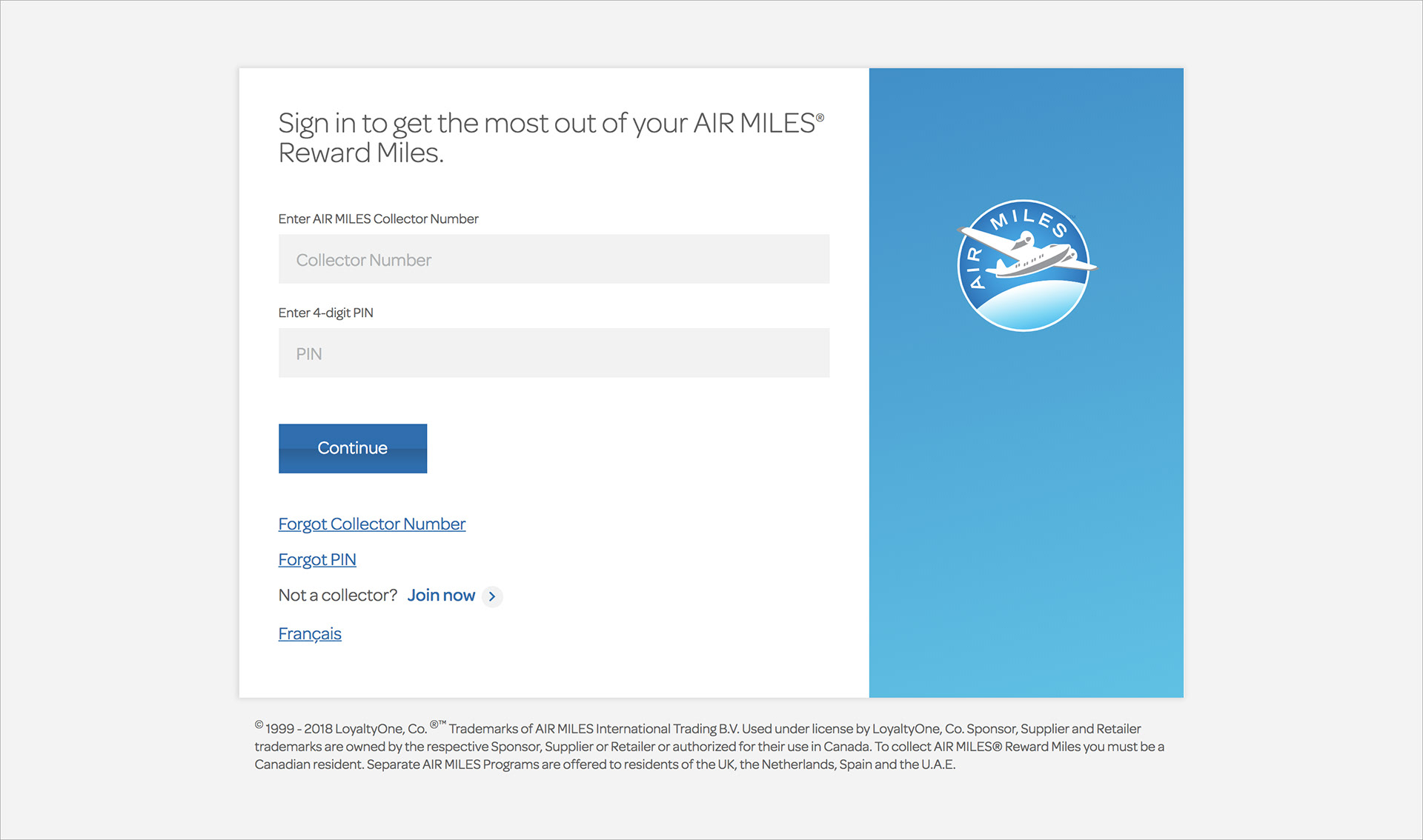 Collectors log in with their AIR MILES account.