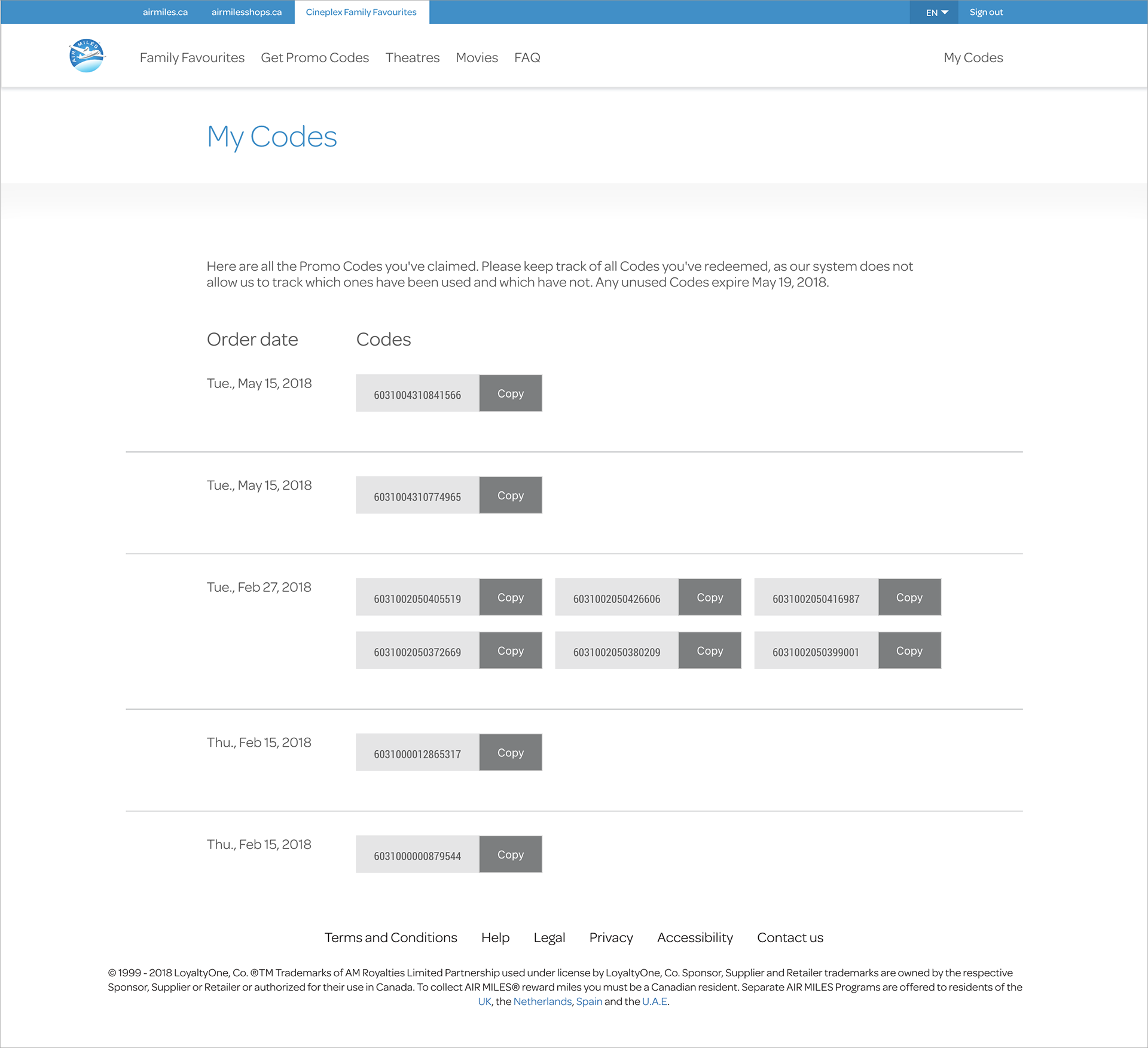 Collectors can view their codes all in one place.