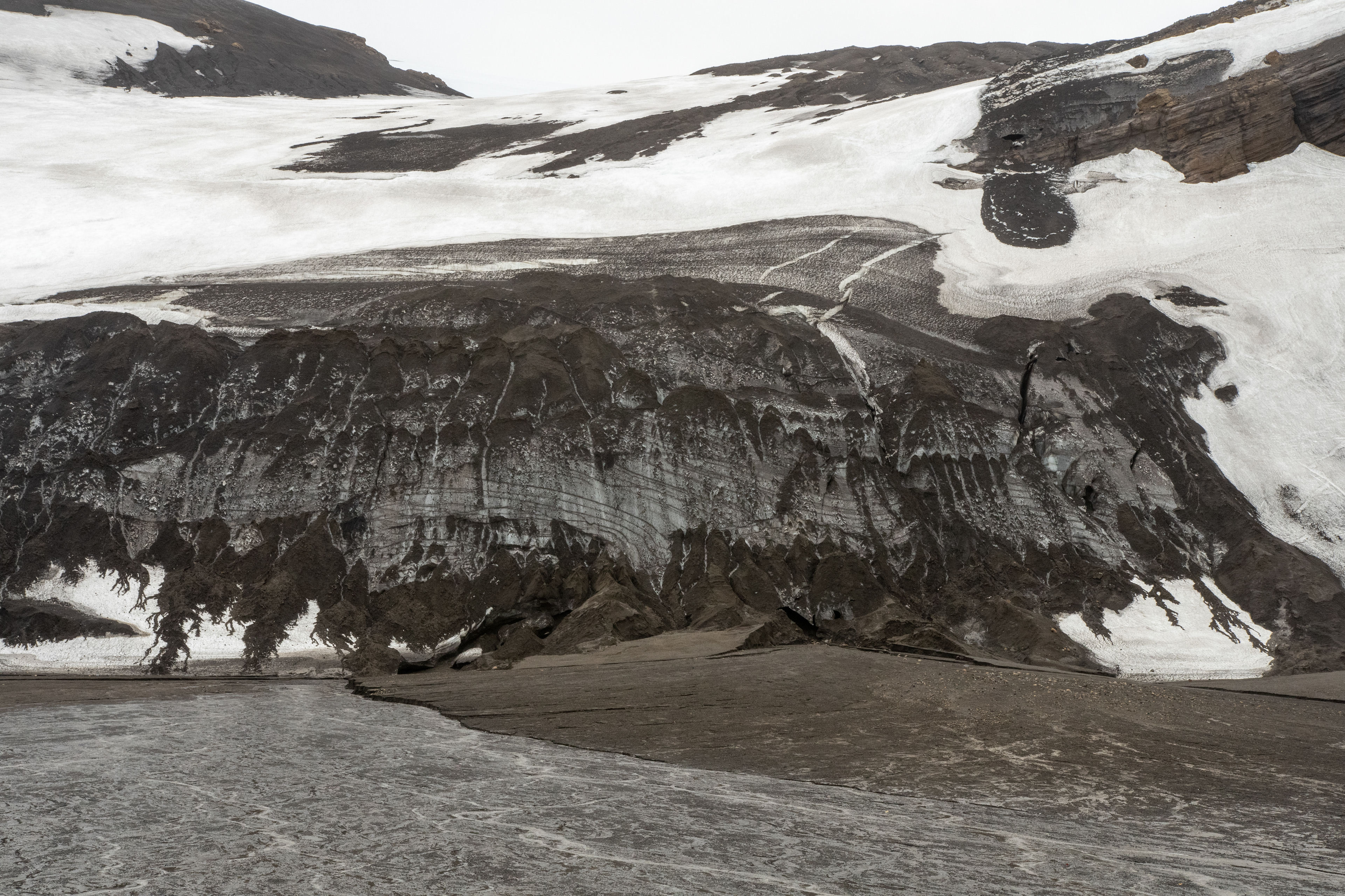 A monochrome mountainside in the South Shetlands, with thin glacial ice and volcanic rock combining to create fluid, ink-like patterns