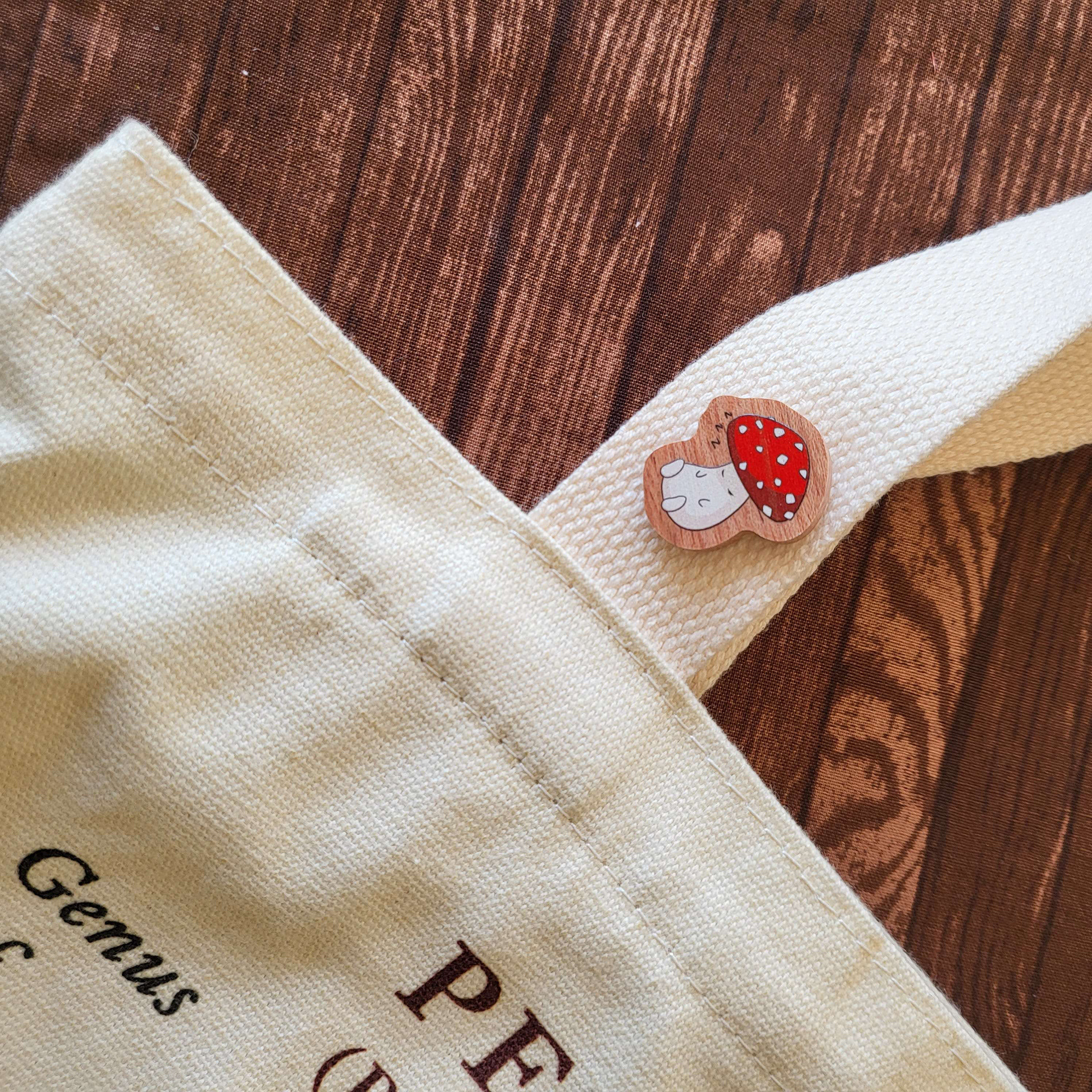 Wooden Mushroom Pin on Tote Bag
