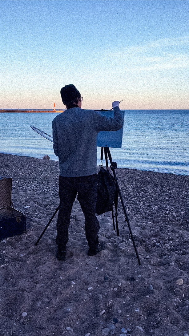 Curt Gaudon painting on the beach in Kincardine