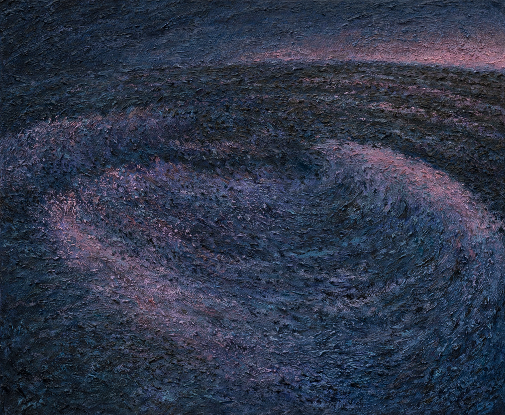 Crashing waves in pink and black (2023), oil on canvas, 60.96x50.8cm (24x20in)