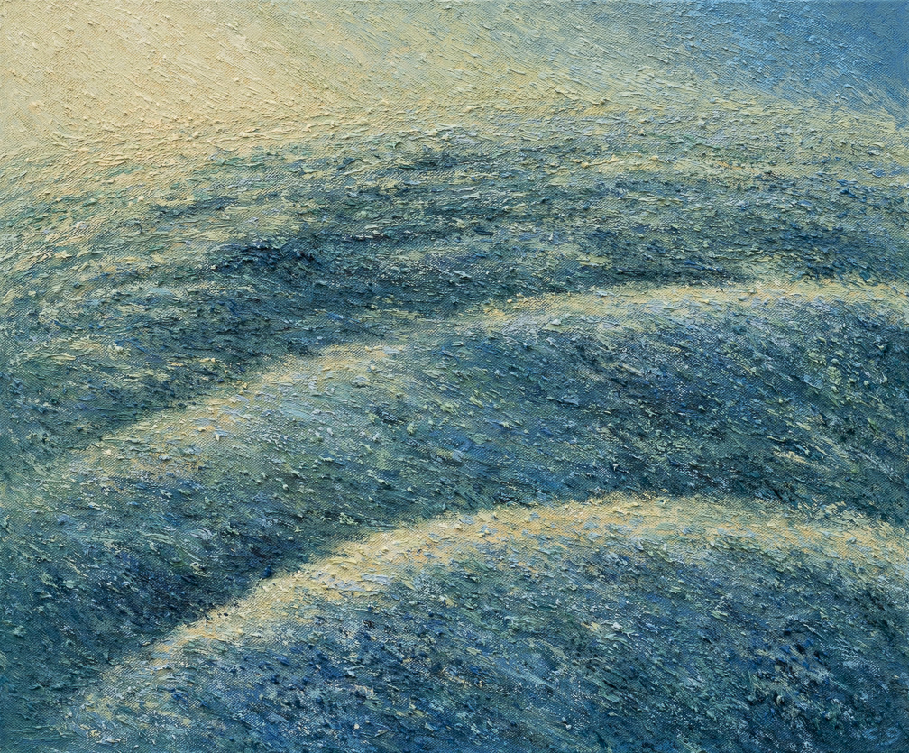 Rolling waves in yellow and blue (2023), oil on canvas, 60.96x50.8cm (24x20in)