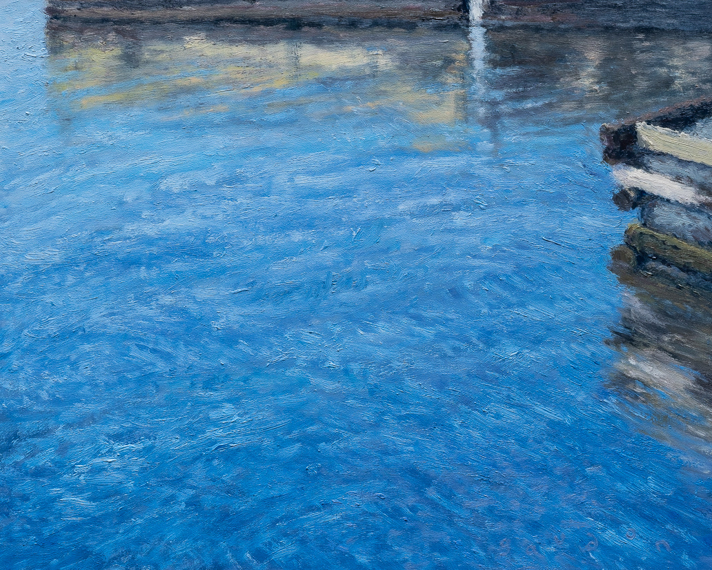 Ocean, bright still morning (2022), oil on canvas, 16x20in