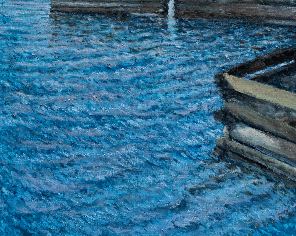 Ocean, bright blues in sunrise (2022), oil on canvas, 16x20in