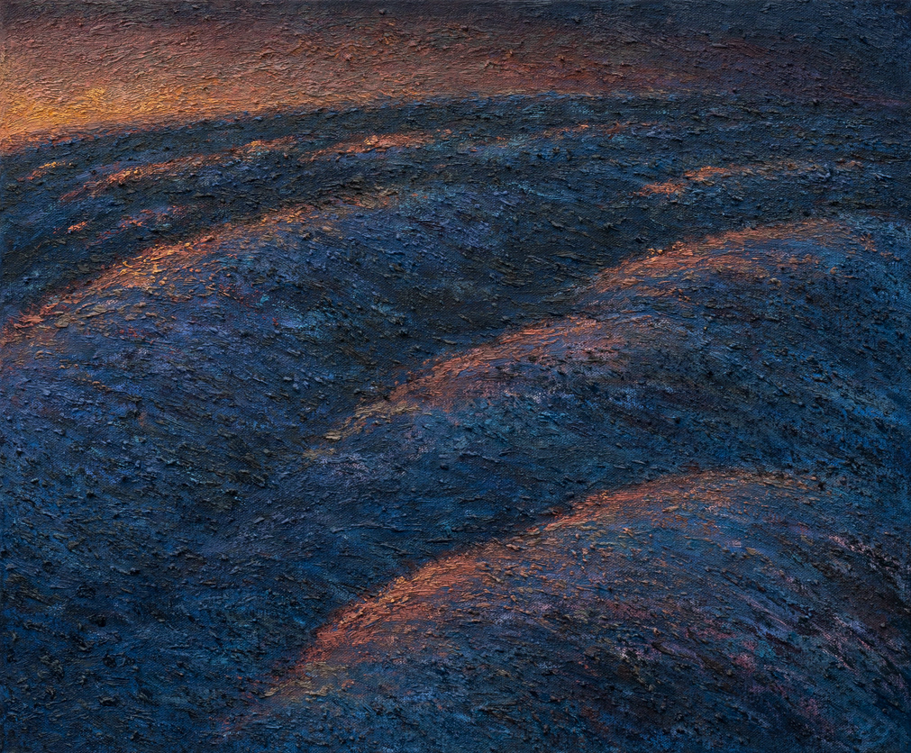 Rolling waves in orange and blue (2023), oil on canvas, 60.96x50.8cm (24x20in)