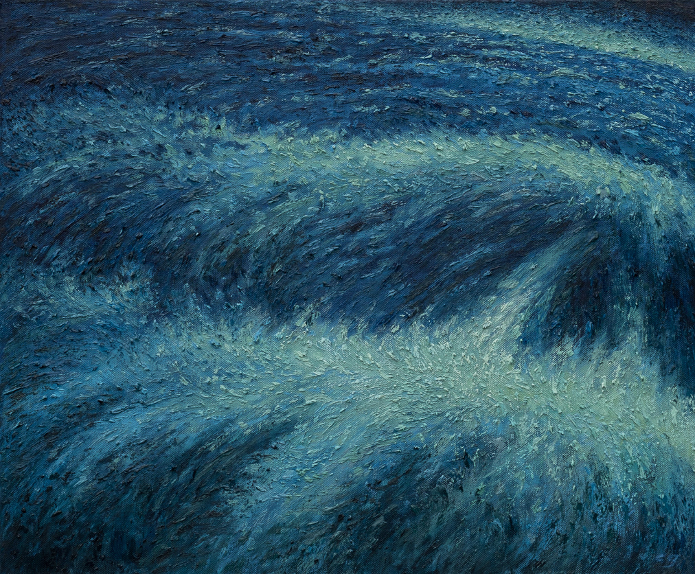 Charging waves in dark green and blue (2023), oil on canvas, 60.96x50.8cm (24x20in)