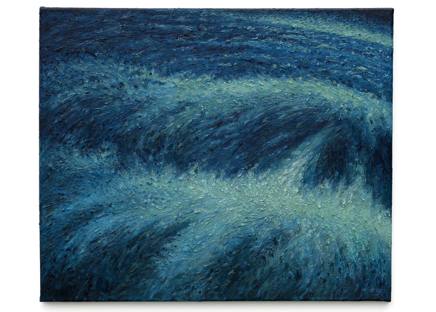 Charging waves in dark green and blue (2023), oil on canvas, 60.96x50.8cm (24x20in)