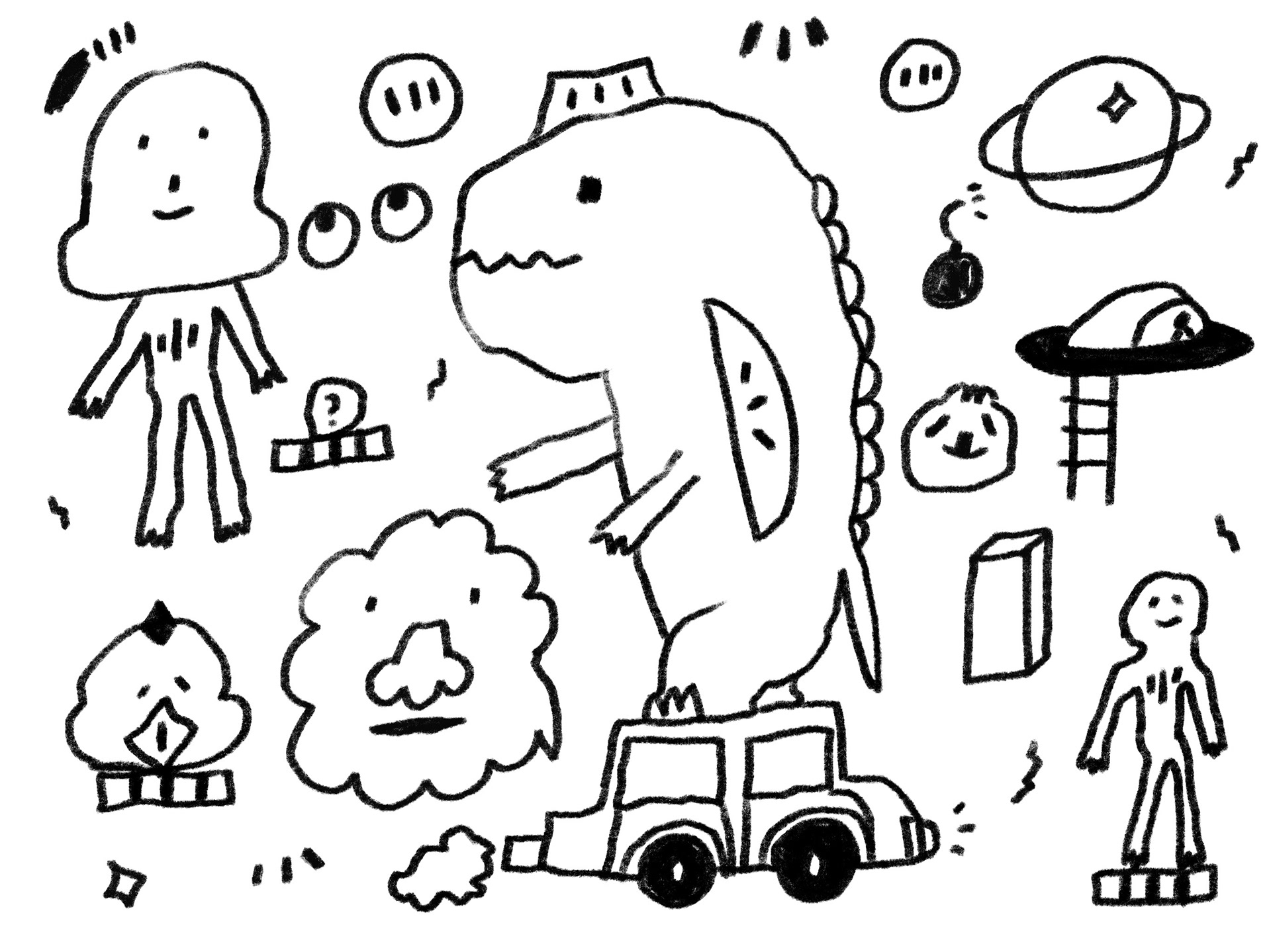 dinosaur and aliens on car in Procreate