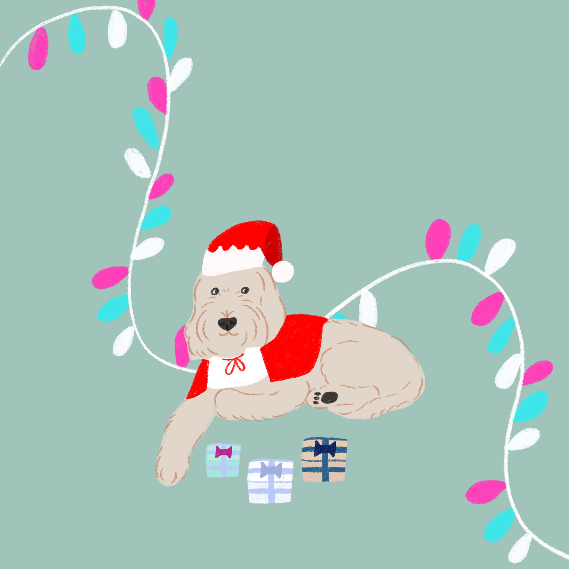 Cockapoo and lights Xmas in Procreate