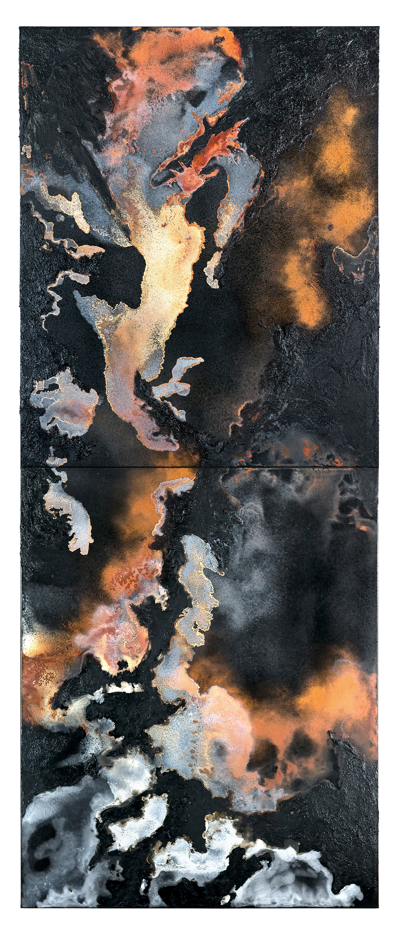 Buffalo Head Hills 3 - 270 x 110cm (diptych, 135 x 110cm each) - 2018 - emulsion paint, bitumen, plaster of Paris, iron, iron oxide, acid and synthetic resin on canvas
