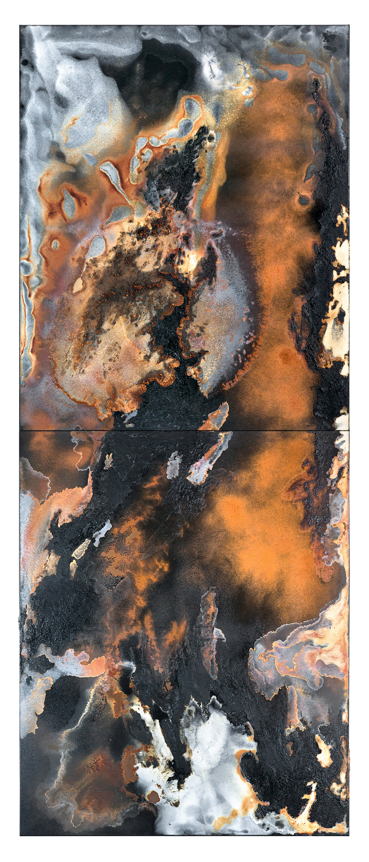 Buffalo Head Hills 4 - 270 x 110cm (diptych, 135 x 110cm each) - 2018 - emulsion paint, bitumen, plaster of Paris, iron, iron oxide, acid and synthetic resin on canvas