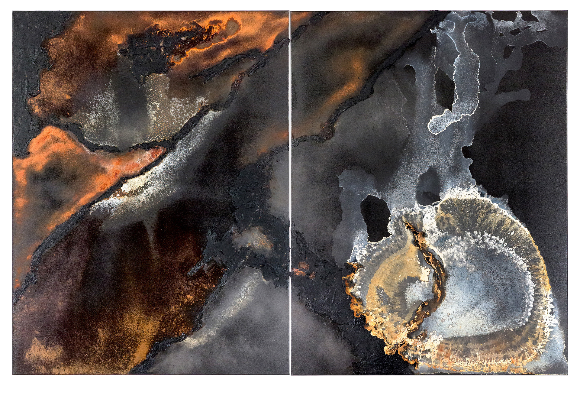 Wabasca 1 - 125 x 190cm (diptych, each panel 125 x 95cm) - 2017 - emulsion paint, bitumen, iron, iron oxide, acid and synthetic resin on canvas