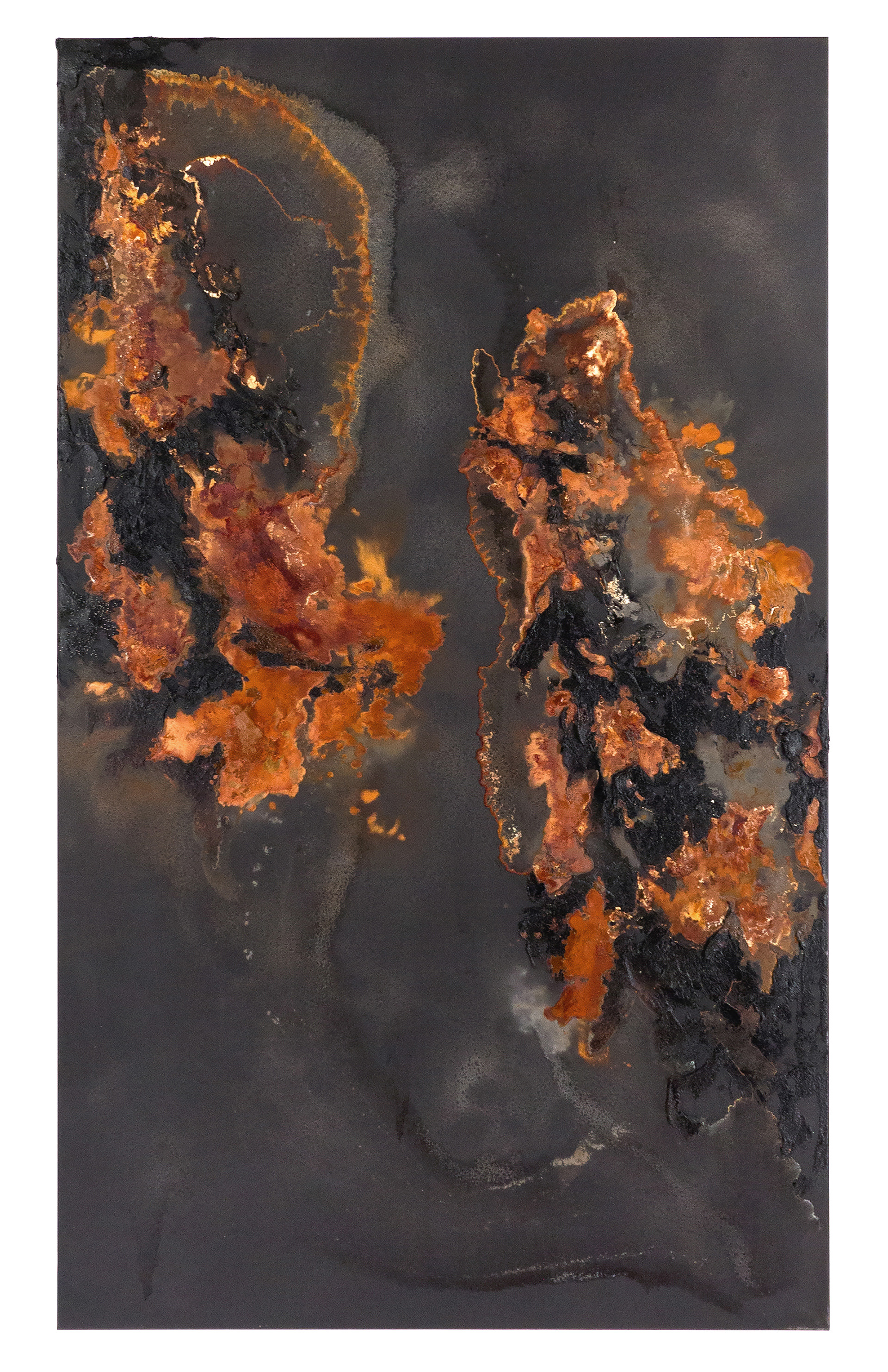 Frontier 3 - 185 x 110cm - 2020 - emulsion paint, bitumen, plaster of Paris, iron, iron oxide, acid and synthetic resin on canvas