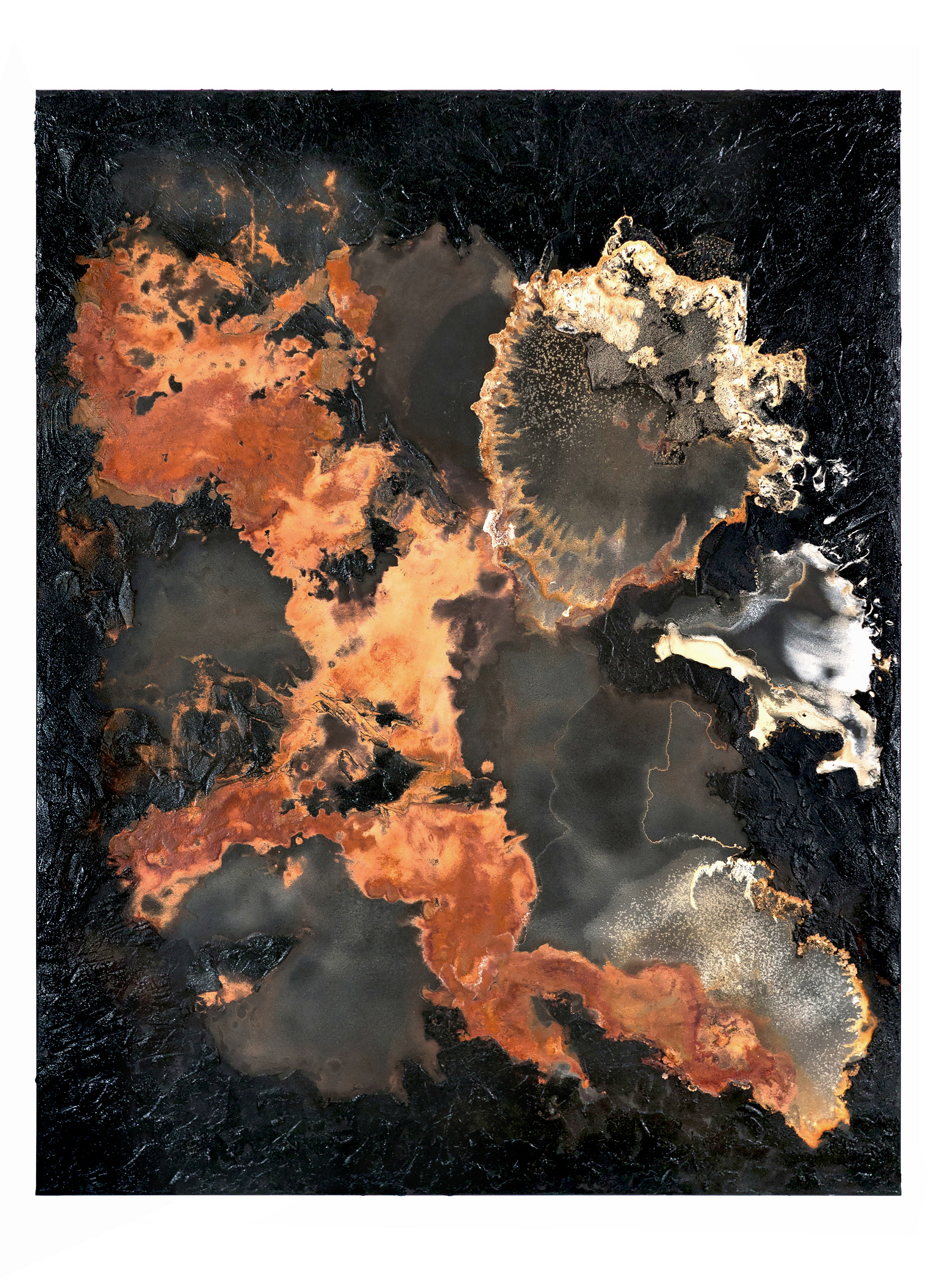 Frontier 2 - 185 x 140cm - 2020 - emulsion paint, bitumen, plaster of Paris, iron, iron oxide, acid and synthetic resin on canvas