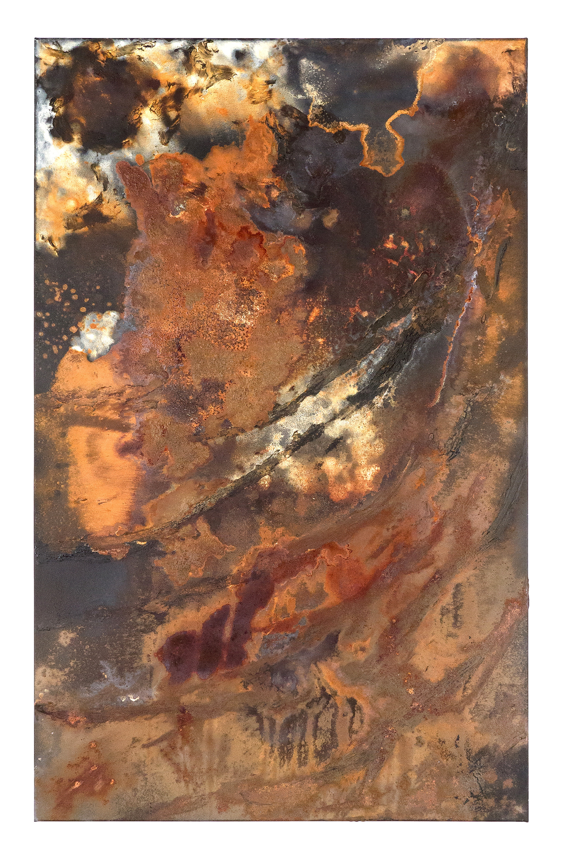 Peace River 3 - 135 x 85cm - 2016 - emulsion paint, plaster of Paris, iron, iron oxide, bitumen, acid and synthetic resin on canvas