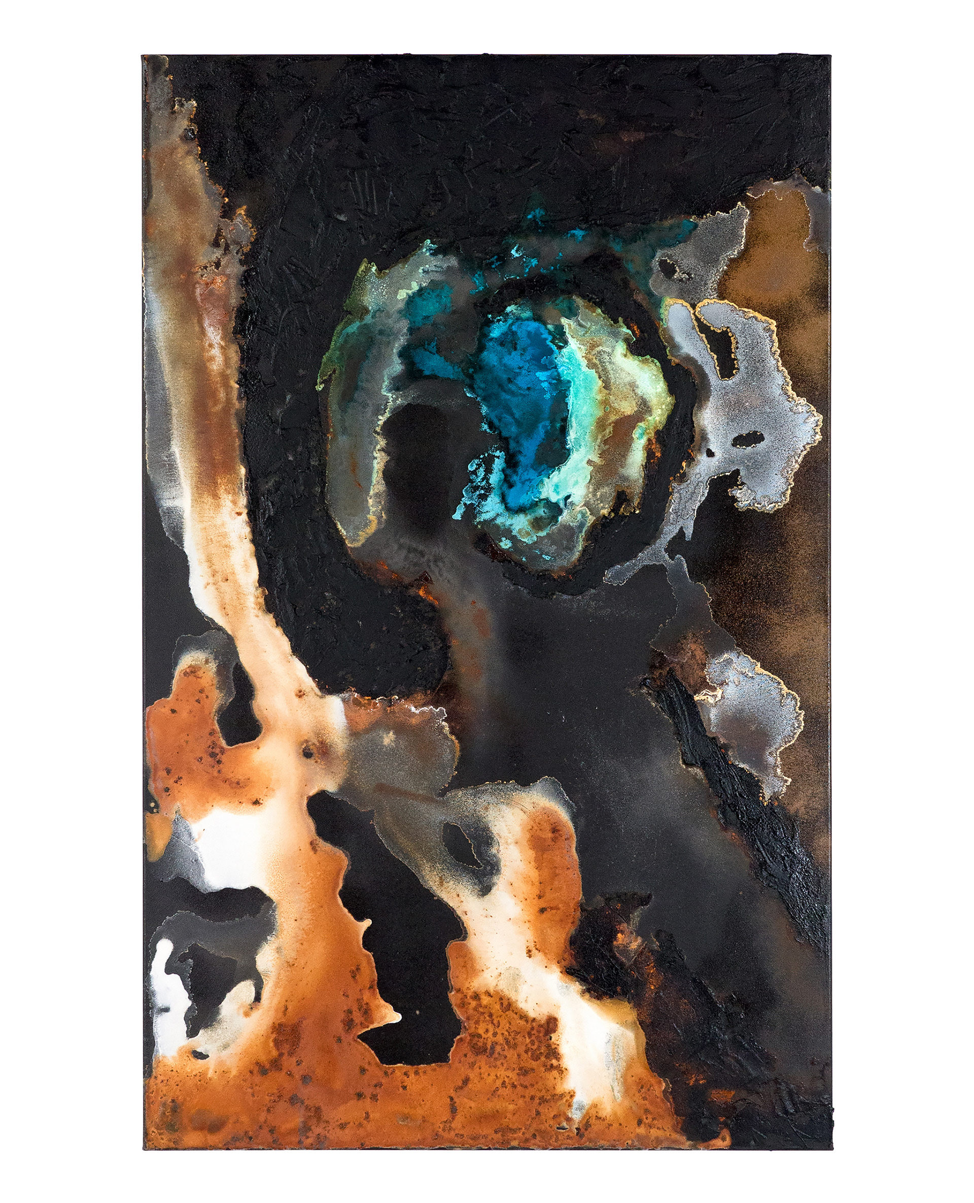 Tailings Pond 6 - 135 x 85cm - 2017 - emulsion paint, bitumen, plaster of Paris, copper, iron, salt, ammonia, acid and synthetic resin on canvas