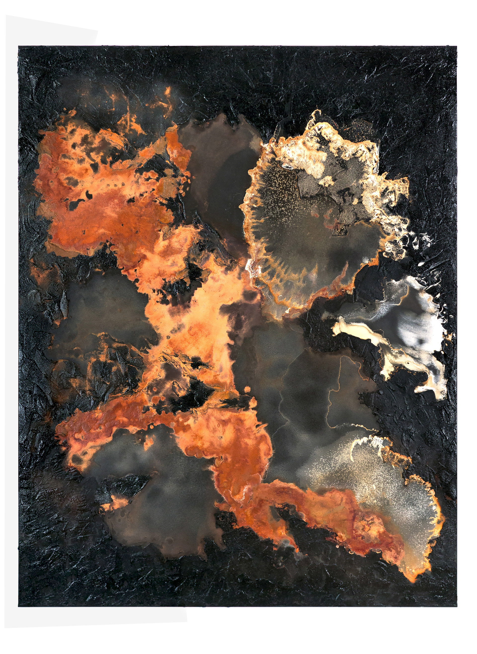 Frontier 2 - 185 x 140cm - 2020 - emulsion paint, bitumen, plaster of Paris, iron, iron oxide, acid and synthetic resin on canvas
