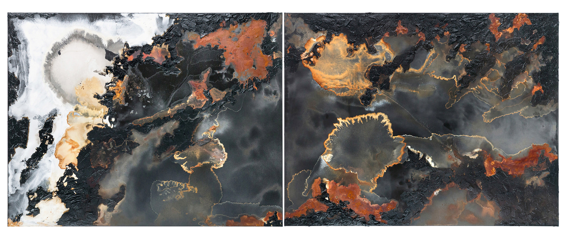 Frontier 1 - 140 x 370cm (diptych, 140 x 185cm each) - 2020 - emulsion paint, bitumen, plaster of Paris, iron, iron oxide, acid and synthetic resin on canvas