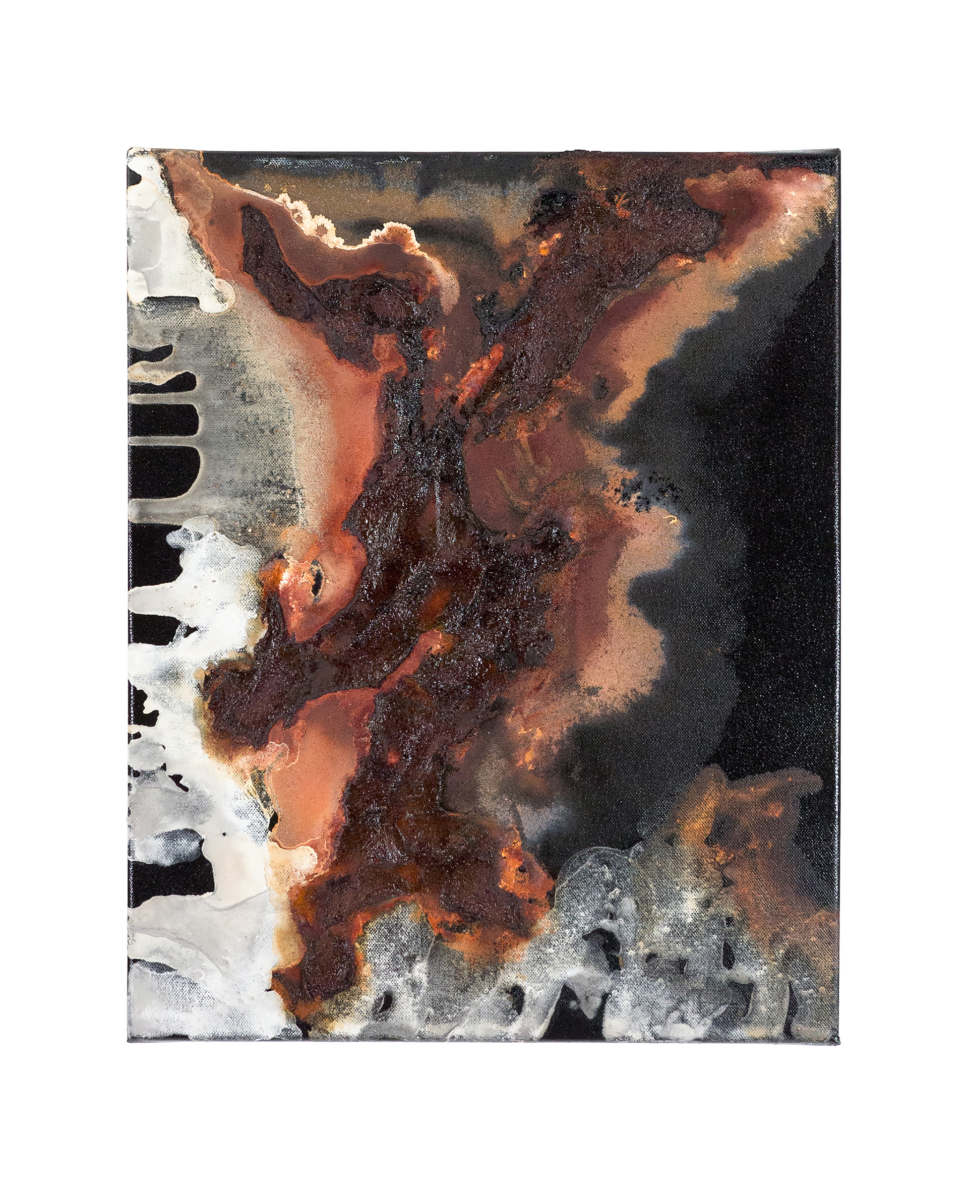 Tailings Pond 17 - 50 x 40 cm - 2018 - emulsion paint, bitumen, plaster of Paris, iron, iron oxide, acid and synthetic resin on canvas