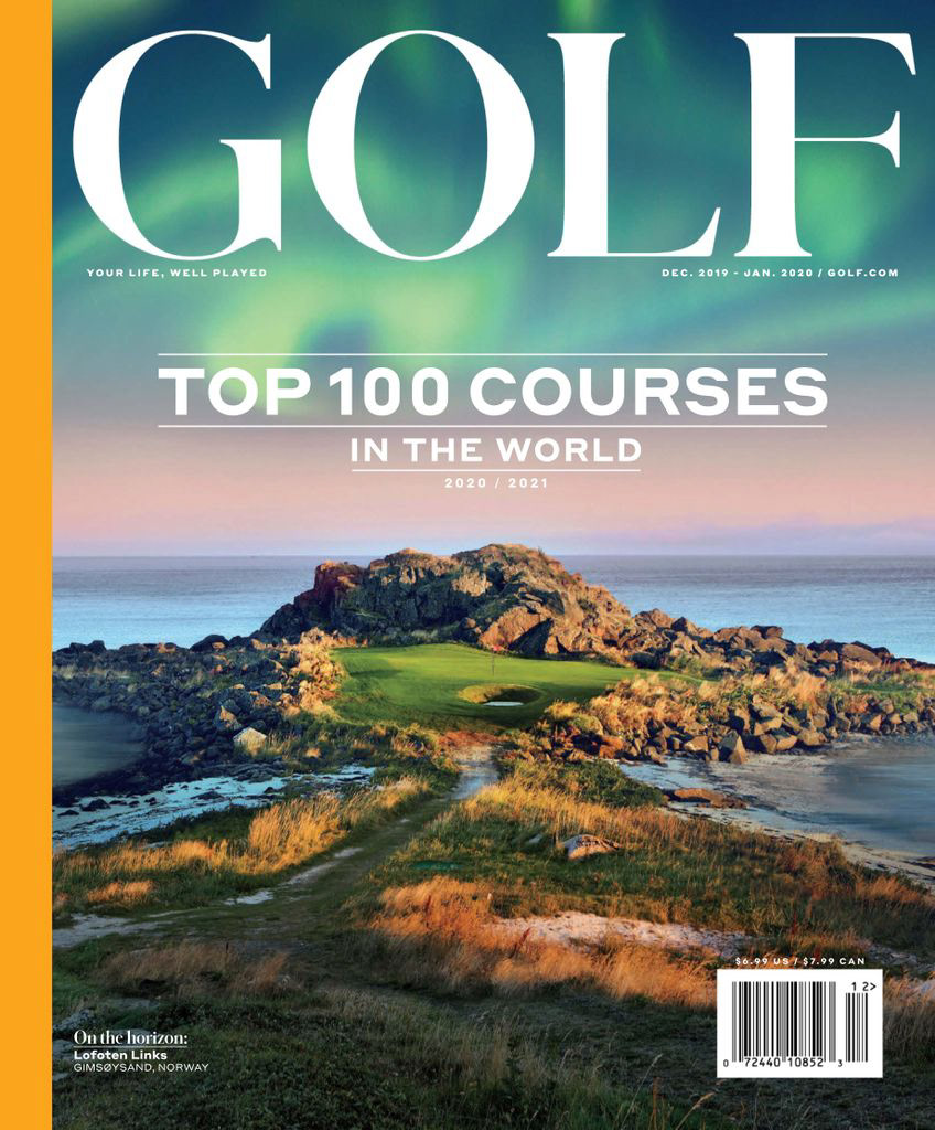 Lofoten Golf Links, front cover of GOLF Magazine. Photographer: Jacob Sjoman. Northern Lights above hole 2.