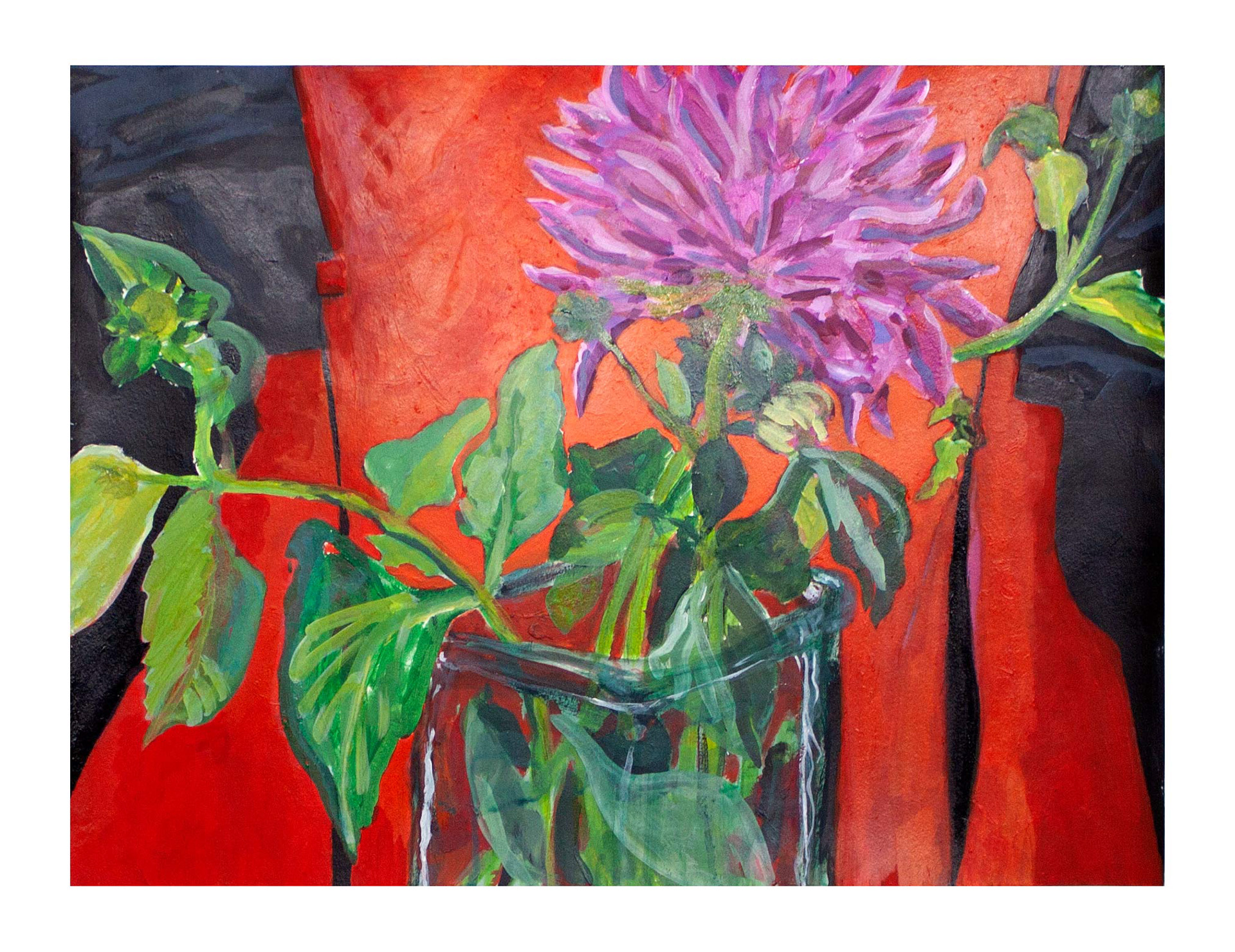 Dahlia Dares the Heat, acrylic on paper, 24" x 18", 2022