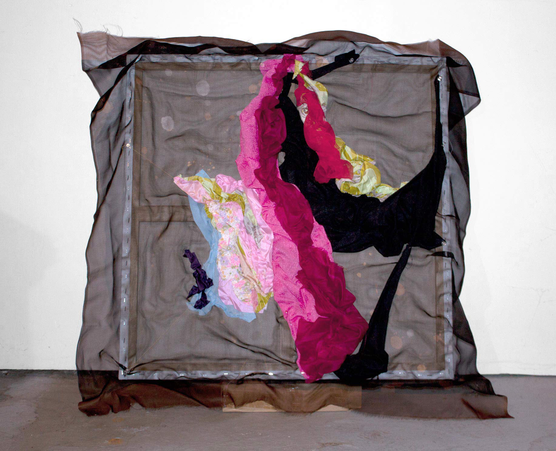 Two-Faced Madonna Have Mercy on Me, fabric, thread, canvas, wood stretcher, steel staples, acrylic paint, 30" x 30", 2018