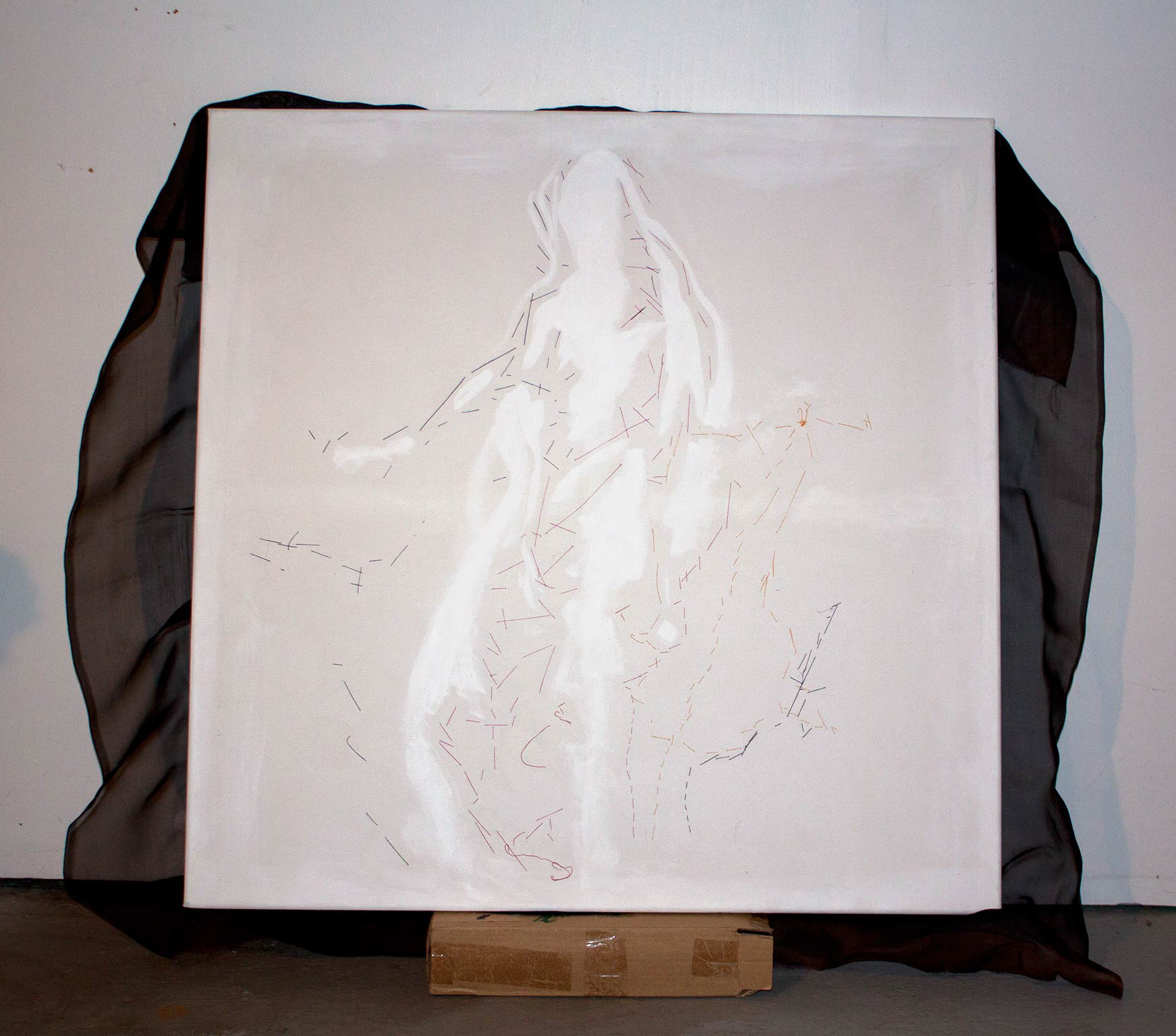 Two-Faced Madonna Have Mercy on Me, fabric, thread, canvas, wood stretcher, steel staples, acrylic paint, 30" x 30", 2018