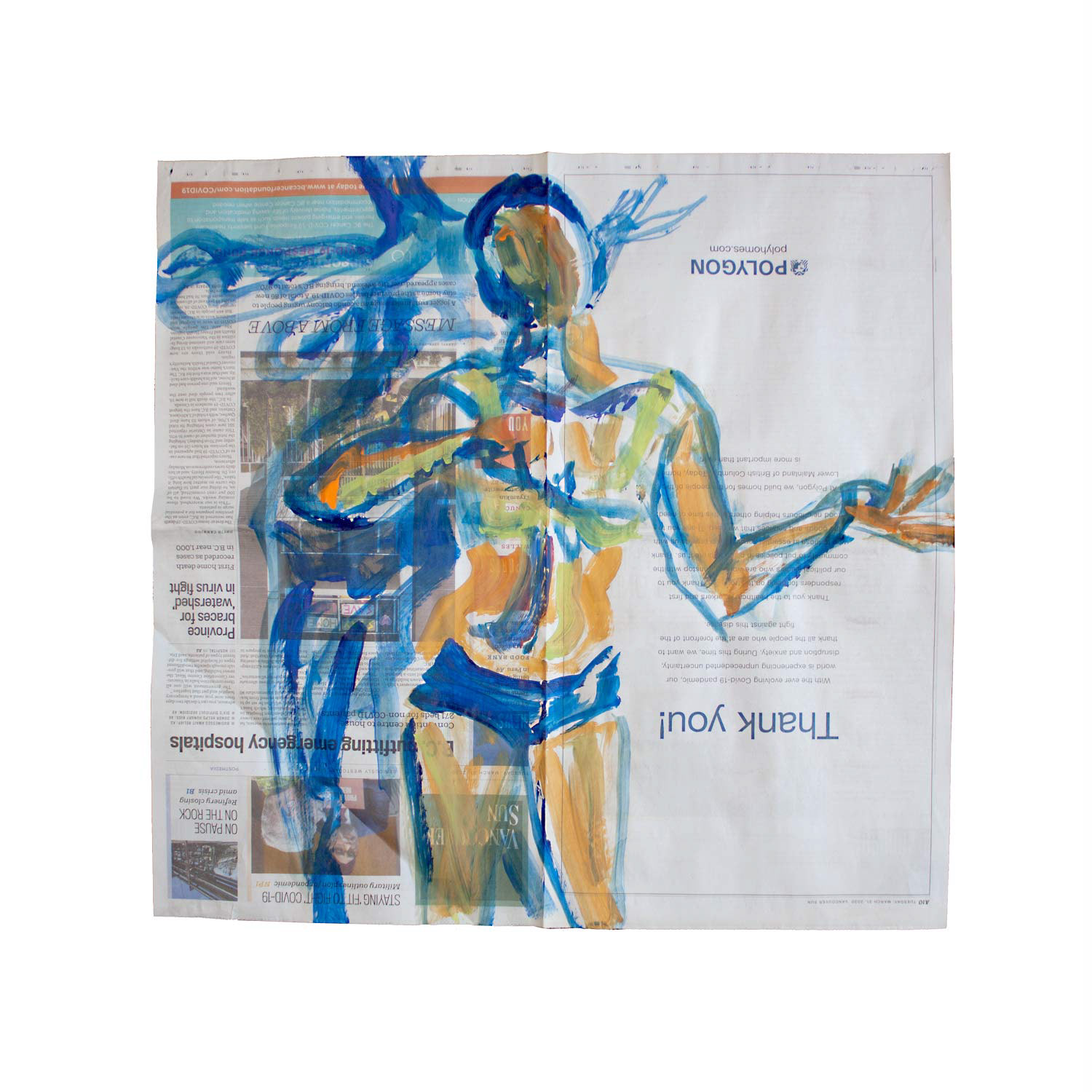 Livestream Life: Outfitting Emergency Hospitals, acrylic on newsprint, 21.5" x 20.5", 2020